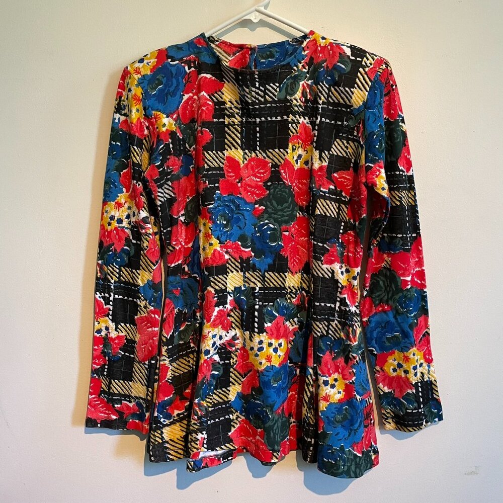80s Long Sleeve Floral Plaid Peplum Top